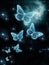 Beautiful glowing butterflies in blue color over black starry sky