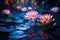 Beautiful Glowing Lotus Flowers Float in the Lake Water at Night with Fireflies