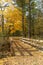 Beautiful golden Autumn landscape and wooden bridge