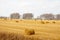 Beautiful golden field with hay sheaves and dark stormy sky