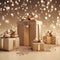 Beautiful golden gift box on light table against blurred festive lights