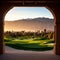 Beautiful golden light over Indian Wells Golf Resort, a desert golf course in Palm Springs, California, USA