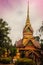 Beautiful golden pagoda with decorative Thai style fine art at public Buddhist Wat Phu Phlan Sung temple, Nachaluay, Ubon Ratchath