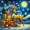 A beautiful golden reindeer with the cristmas gifts an snow, at a starry night of Van Gogh Style painting, moonlit, fantasy art