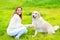 Beautiful Golden Retriever dog gives paw owner on the grass