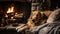 Beautiful Golden Retriever Relaxing During The Holidays In Front of The Warm Fireplace - Generative AI