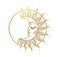Beautiful golden shining crescent moon with rays and face, Boho illustration, stylized vintage design. Mystical boho