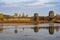 Beautiful, golden sunset casts warm light onto Angkor Wat, the ancient temple complex
in Cambodia