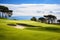 Beautiful golf course with sand bunkers with blue sky.