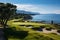 Beautiful golf course with sand bunkers with blue sky.