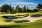 Beautiful golf course with sand bunkers. Generative AI