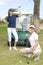 Beautiful golf players near her golf car