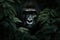 Beautiful gorilla peeking through leaves in the rainforest. Generative AI