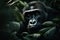 Beautiful gorilla peeking through leaves in the rainforest. Generative AI