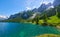 Beautiful Gosausee lake landscape with Dachstein mountains in Austrian Alps. Salzkammergut region.