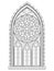 Beautiful Gothic stained glass window with rose. Medieval architecture in western Europe. Black and white fantasy drawing.
