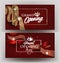 Beautiful grand opening invitation banners with silk ribbons with pattern and frames. Vector illustration