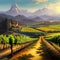 Beautiful grape plantation hills, trees, clouds against backdrop of mountains