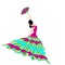 Beautiful graphic Flamenco Dancer colorful dress dancing with fan.  Background white or black