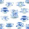 Beautiful graphic lovely artistic tender wonderful blue porcelain china tea cups pattern watercolor hand illustration