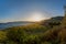 Beautiful grass covered beach by the calm ocean under the sunset captured in Samos, Greece