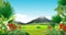 Beautiful Grass Field Landscape View With Mountain Range Cartoon