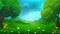 Beautiful Grassland with bushes, plants and trees, landscape vector illustration