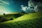 Beautiful grassy field nature landscape background with blooming glade, trees, hills and wonderful bright blue sky, generative ai