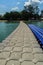 Beautiful gray and blue pontoon made from plastic floating in th