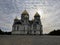 Beautiful great cathedral in center of city. External building of temple in cloudy weather.