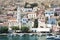 Beautiful Greek island of Chalki. Landscape view of the bustling harbor