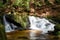 Beautiful green forest landscape with creek and waterfall with slow shutter speed and bright sunlight in the summer