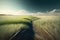 Beautiful green grass field springtime closeup background with blue sky clouds horizon landscape.