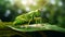 Beautiful green grasshopper on leaf in nature. Generative AI