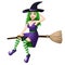 Beautiful green haired witch flying on a broomstick
