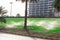 Beautiful green lawn park with trees is sprayed with automatic water spray sprinkler installation during hot period in summer blue