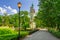 Beautiful green park with the old church in Sopot, Poland