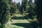 Beautiful green path with old fountain with sparkling water in sunny botanical garden, on Borromean Islands on Lago Maggiore,