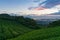 Beautiful green tea plantation and Mount Fuji on sunrise