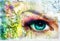 Beautiful green women eye beaming, color rust effect, painting collage, violet makeup.