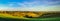 Beautiful green and yellow hills sunset panoramic view with shad