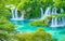 beautiful greenery with waterfall, tree and lake