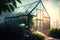 Beautiful greenhouse glass house in the garden yard. There are lots of pots with blooming blossom colorful flowers.