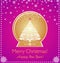 Beautiful greeting craft card in viva magenta color with golden globe, Christmas decorative white tree and snowflakes