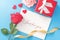 Beautiful greeting invitation card, concept of mother day, Valentine day, anniversary and birthday isolated on blue color