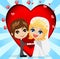 Beautiful groom with fiancee on a background a red heart