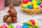 Beautiful group Easter eggs and Chocolate rabbit in the spring of easter day, red eggs, blue, purple and yellow in Wooden basket