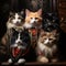 Beautiful group of female noble calico cats wearing jewelry facing the camera