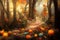 Beautiful halloween fall forest covered in pumpkins