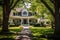 Beautiful Hampton Style Luxury House Home Building with Garden and Trees Looks Shady and Cool